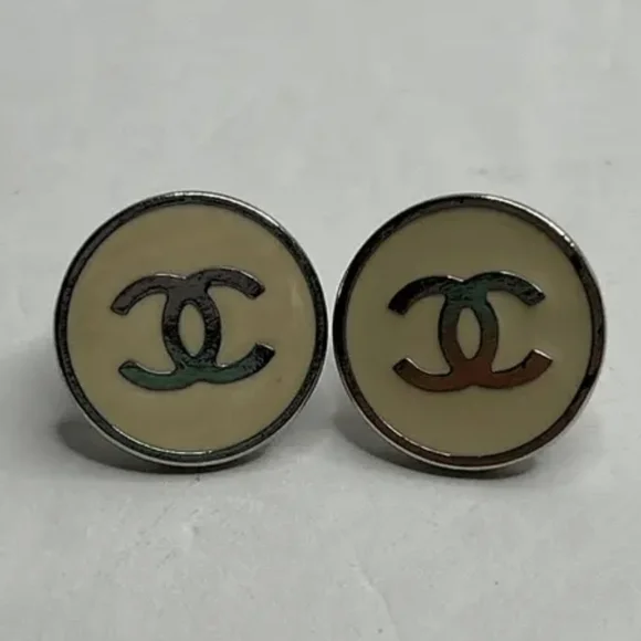 Authentic Chanel CC Silver Button Earrings - Picture 1 of 10